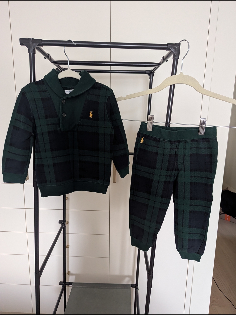 Ralph Lauren Green and Black Plaid Shawl-Collar Sweatshirt & Joggers Set - Kids